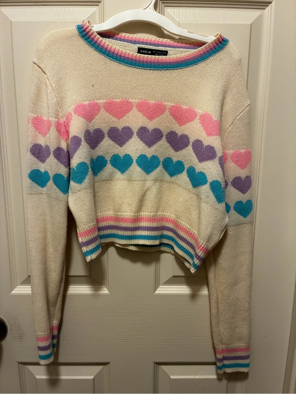 SHEIN Cream Cropped Heart Stripe Sweater with Pink, Purple & Teal Accents